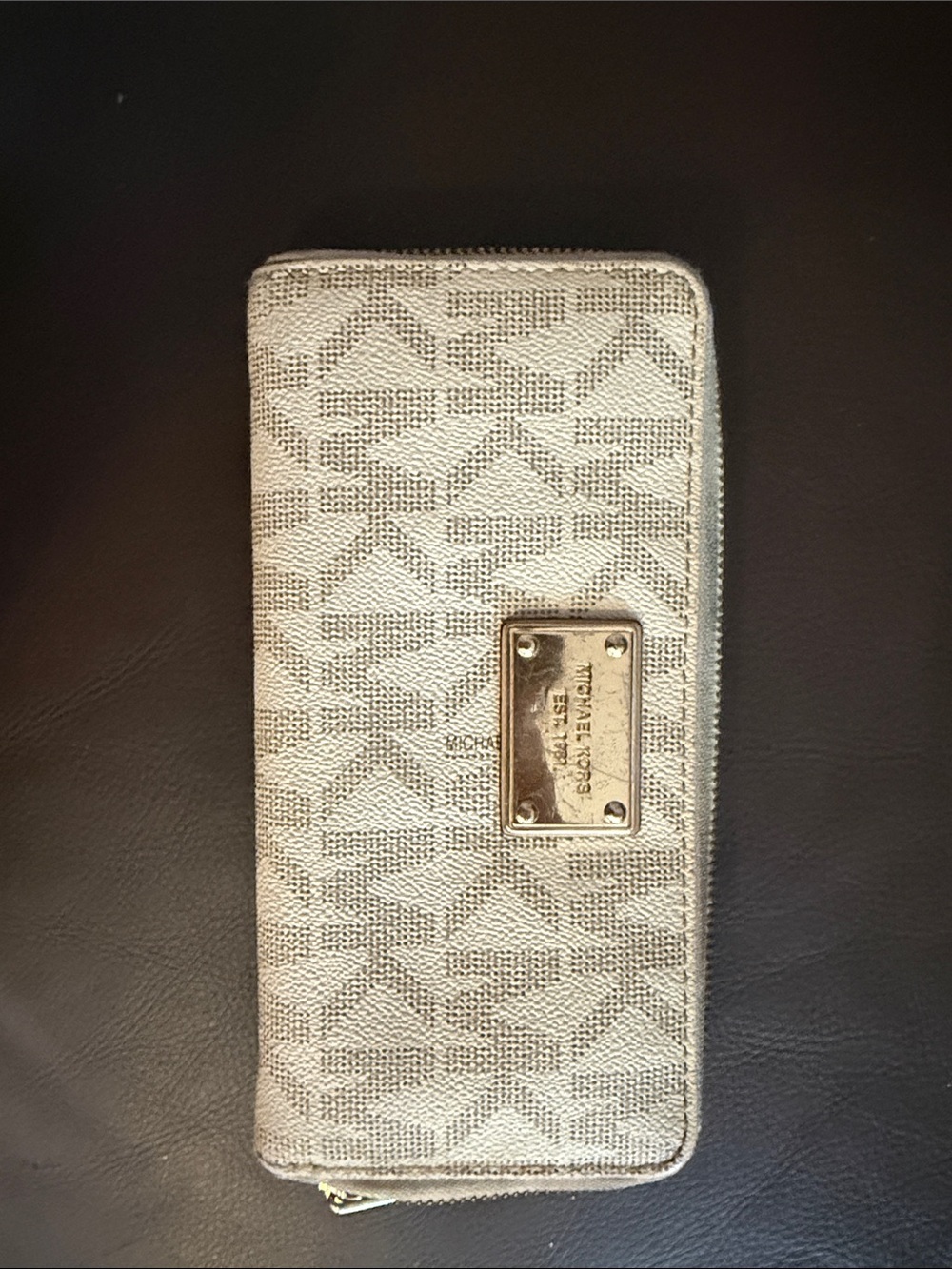 Michael Kors Taupe Logo Zip-Around Wallet with Gold Plate
